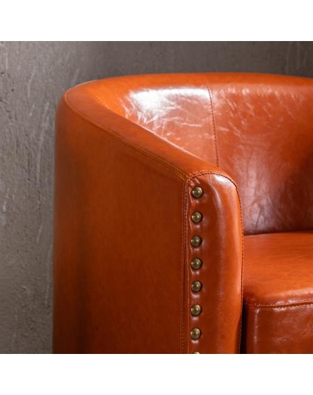 (73x64x70cm) Circle Chair Modern Minimalist Single Sofa with Copper Nails PU Brown Orange