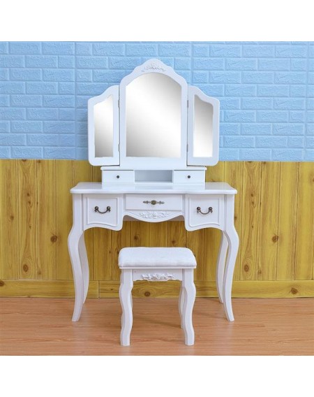 [US-W]Tri-fold Mirror Dresser with Dressing Stool White