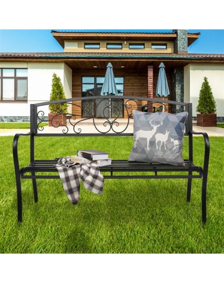 51" Patio Park Garden Outdoor Bench Patio Porch Chair Deck Iron Frame Black